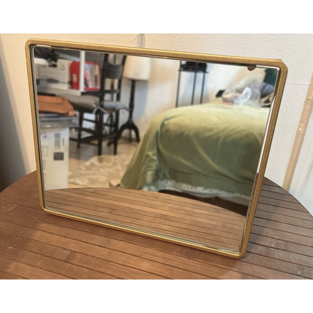 Gold Metal Framed Rectangle Tabletop Vanity Mirror w/ Stand 12 x 8 in